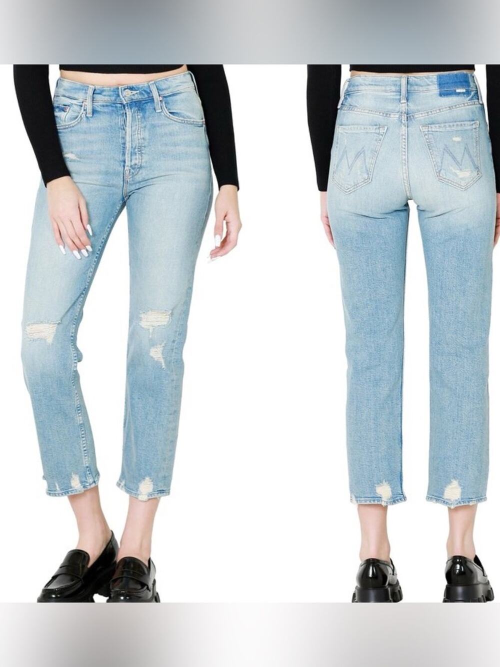 MOTHER Superior The Tomcat Distressed Jeans Confession Wash Cropped Denim Sz 26